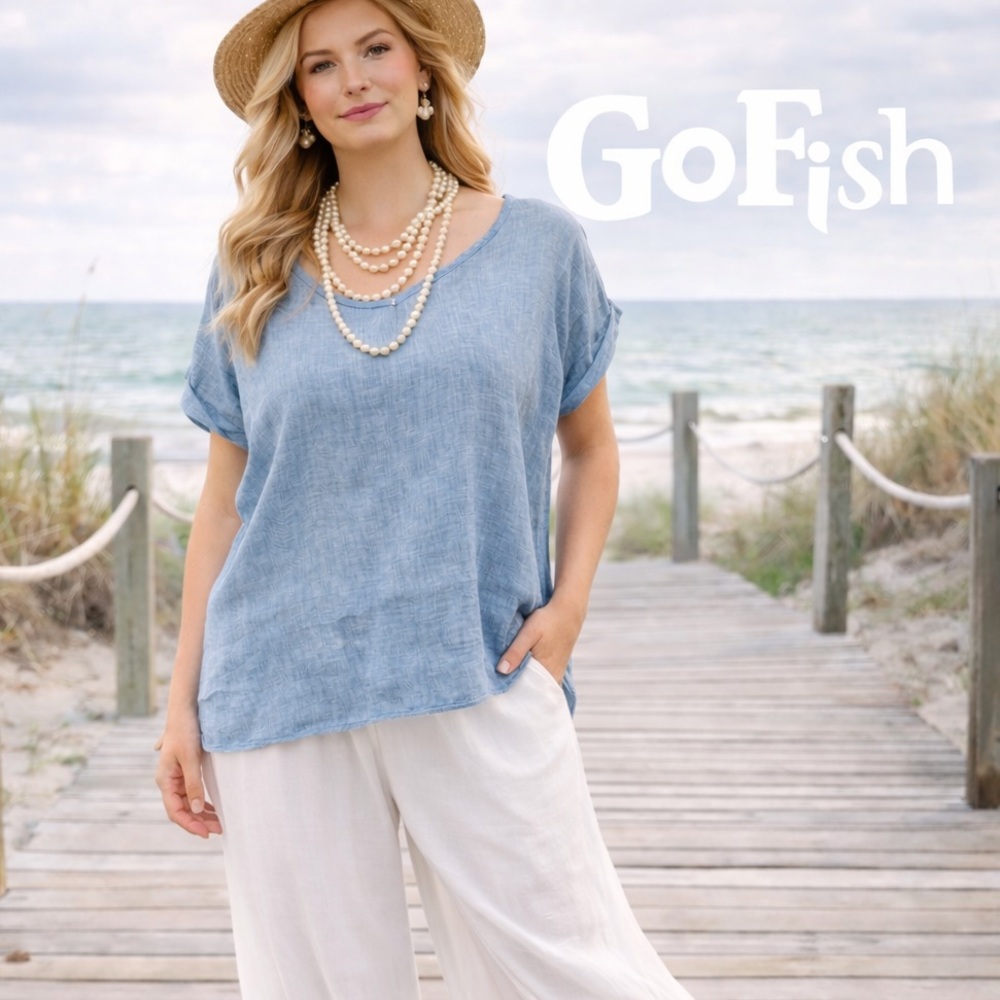 Go Fish,Made in Italy Linen Blend Top Size M Blue Lightweight Minimalist Size M
